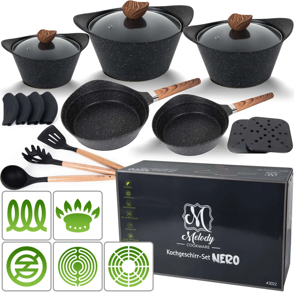 Melody Topfset Nero Antihaft Alugus Pfannen-Set Topf-Set Töpfe Bratpfannen 19-Teilig #3022