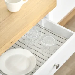 HOMCOM Küchenwagen Küchenrollwagen Servierwagen Mit Einer Schublade Geschlossenen Schrank Regalboden Und Handtuchhalter 4 Lenkrollen MDF Gummiholz Weiß+Eiche 63,5 X 40 X 90 Cm -Küchenwaren Geschäft 1a8c3fb35aa3181dc989edc0c01c1597