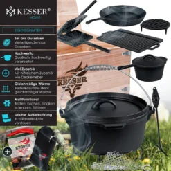 KESSER® Dutch Oven Set In Holzkiste Mit Dutch Oven Mit Viel Zubehör - Gusseisen - Bereits Eingebrannt Mit Kochtopf Grillplatte Pfanne Deckelheber Inkl. Rezeptbuch Handschuhe, Farbe:12-Teilig -Küchenwaren Geschäft 38df38343abbbd4d0400d305fbafd466