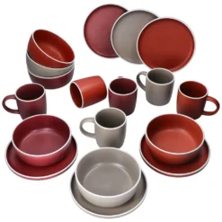 Liz 18tlg Frühstücksset Für 6 Steingut Sand Rot Terracotta Schale Teller Becher