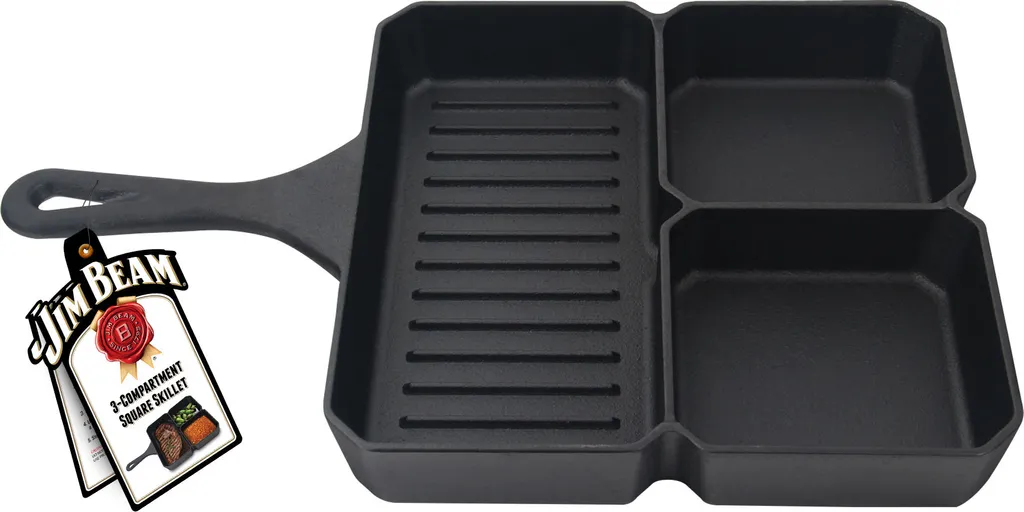 Jim Beam Grillpfanne Gusseisen - Bratpfanne Mit 3 Fächern - Steakpfanne Gusseisern Induktion Eckig 3 Jim Beam Grillpfanne Gusseisen - Bratpfanne Mit 3 Fächern - Steakpfanne Gusseisern Induktion Eckig