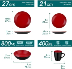 Vancasso Tafelservice Steinzeug, Allegro 16 Teiliges Essgeschirr Kombiservice, Handbemaltes Geschirrset Für 4 Personen, Vintage Rot -Küchenwaren Geschäft 56913f59349842a8e785fccb7e12d9d9
