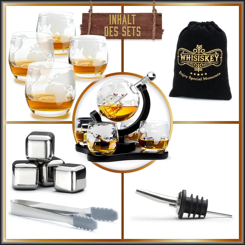 Whisiskey - Whisky Karaffe - Geschenke Für Männer - Komplette Whiskey Set - Globus - 900ML – Inkl. 4 Whisky Steine, 4 Whisky Gläser & Ausgießer - Whisky Dekanter – Whiskygläser - Natursteine 9 Whisiskey - Whisky Karaffe - Geschenke Für Männer - Komplette Whiskey Set - Globus - 900ML – Inkl. 4 Whisky Steine, 4 Whisky Gläser & Ausgießer - Whisky Dekanter – Whiskygläser - Natursteine – Bild 7