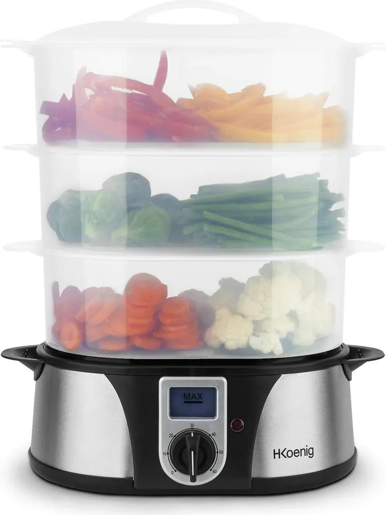 H.Koenig Elektro-Dampfgarer Ohne BPA 12 Liter, 3 Herausnehmbare Behälter, 1000 W, Timer Bis Zu 60 Minuten VAP12, Kunststoff, Metall, Single 3 H.Koenig Elektro-Dampfgarer Ohne BPA 12 Liter, 3 Herausnehmbare Behälter, 1000 W, Timer Bis Zu 60 Minuten VAP12, Kunststoff, Metall, Single