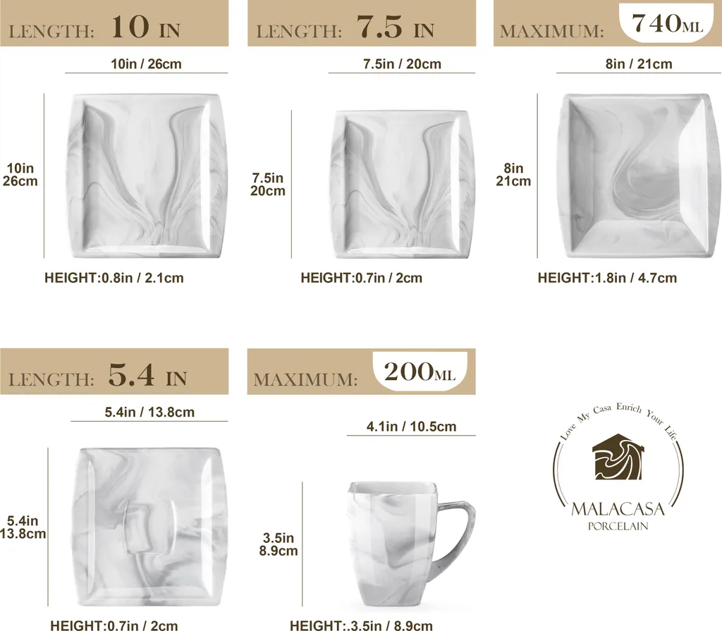 MALACASA, Serie Blance, Kombiservice 30 Tlg. Marmor Porzellan Geschirrset Eckig Tafelservice Mit 180 Ml Kaffeetassen, Untertassen, Dessertteller, Tiefteller Und Flachteller 4 MALACASA, Serie Blance, Kombiservice 30 Tlg. Marmor Porzellan Geschirrset Eckig Tafelservice Mit 180 Ml Kaffeetassen, Untertassen, Dessertteller, Tiefteller Und Flachteller – Bild 2