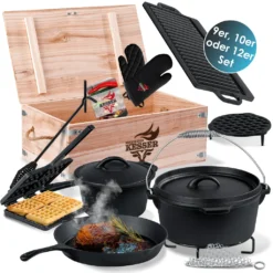 KESSER® Dutch Oven Set In Holzkiste Mit Dutch Oven Mit Viel Zubehör - Gusseisen - Bereits Eingebrannt Mit Kochtopf Grillplatte Pfanne Deckelheber Inkl. Rezeptbuch Handschuhe, Farbe:12-Teilig -Küchenwaren Geschäft 77b6445b4433b9bc4eb2984c430917d1
