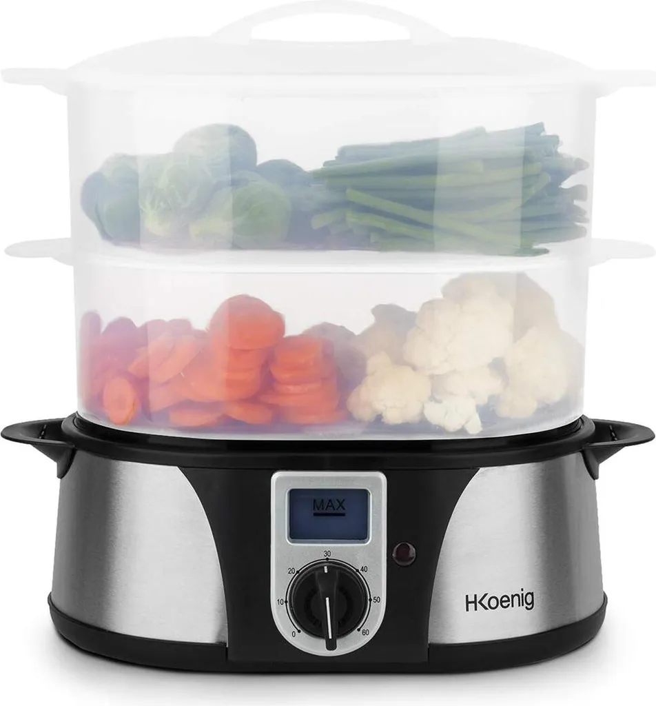 H.Koenig Elektro-Dampfgarer Ohne BPA 12 Liter, 3 Herausnehmbare Behälter, 1000 W, Timer Bis Zu 60 Minuten VAP12, Kunststoff, Metall, Single 4 H.Koenig Elektro-Dampfgarer Ohne BPA 12 Liter, 3 Herausnehmbare Behälter, 1000 W, Timer Bis Zu 60 Minuten VAP12, Kunststoff, Metall, Single – Bild 2