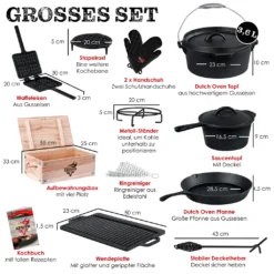 KESSER® Dutch Oven Set In Holzkiste Mit Dutch Oven Mit Viel Zubehör - Gusseisen - Bereits Eingebrannt Mit Kochtopf Grillplatte Pfanne Deckelheber Inkl. Rezeptbuch Handschuhe, Farbe:12-Teilig -Küchenwaren Geschäft 8a30dbe3b0e817c3ca27cbbafecb2dfa