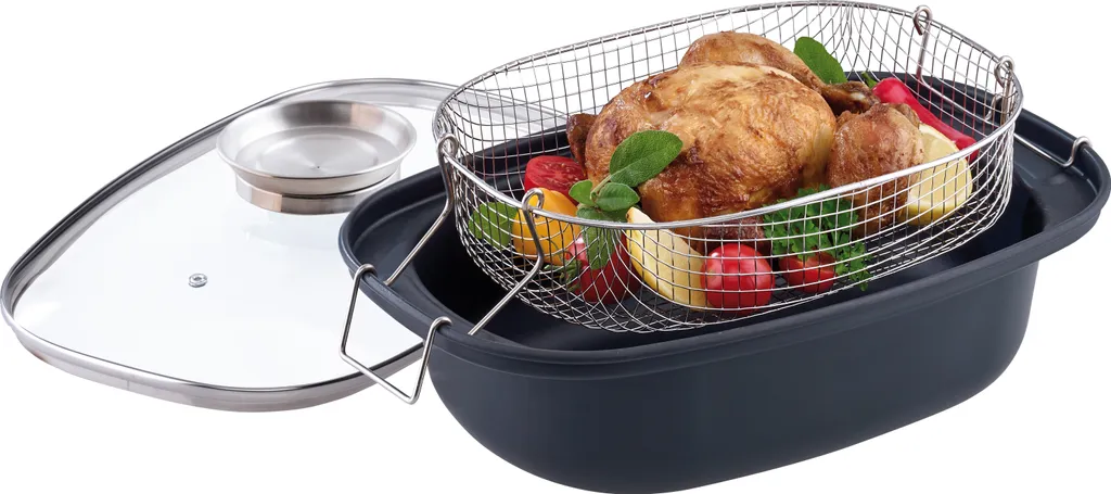 GSW Aromabräter Mit Einsatz 39x25x9,5 Cm / 4 Ltr., Kohlenstoffstahl, Edelstahl Rostfrei, Glas, Aromabräter Mit Aroma-Glasdeckel ø Ca. 39 X 25 X H 9,5cm / Drahteinsatz 3 GSW Aromabräter Mit Einsatz 39x25x9,5 Cm / 4 Ltr., Kohlenstoffstahl, Edelstahl Rostfrei, Glas, Aromabräter Mit Aroma-Glasdeckel ø Ca. 39 X 25 X H 9,5cm / Drahteinsatz