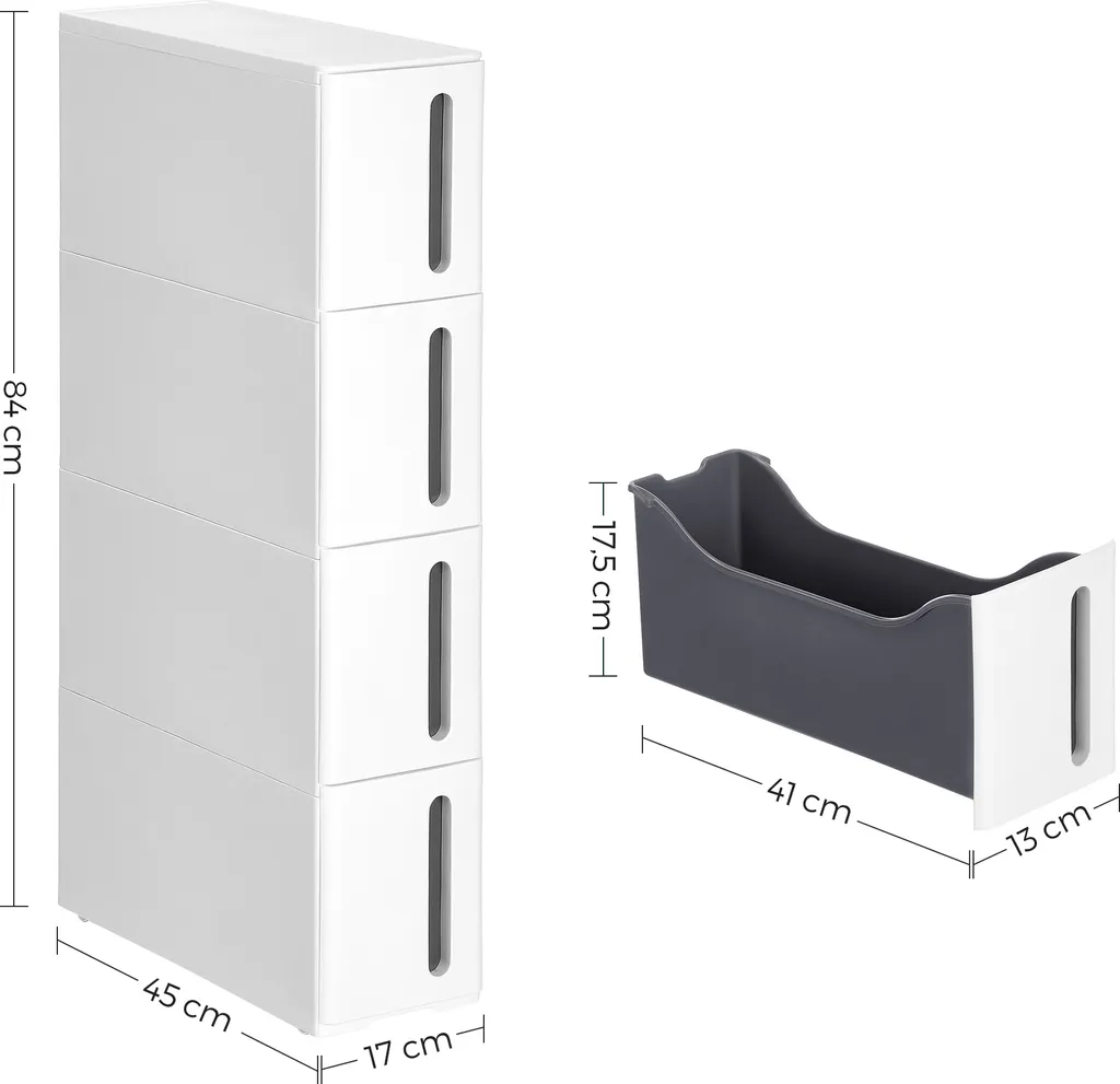 SONGMICS Küchenregal, Nischenregal Mit Rollen, Schmaler Rollwagen Mit 4 Schubladen, Mobil, Ausziehbar, Badregal, Küchenschrank Mit Rädern, PP-Kunststoff, Platzsparend, 45 X 17 X 84 Cm, Weiß-grau KFR008G01 4 SONGMICS Küchenregal, Nischenregal Mit Rollen, Schmaler Rollwagen Mit 4 Schubladen, Mobil, Ausziehbar, Badregal, Küchenschrank Mit Rädern, PP-Kunststoff, Platzsparend, 45 X 17 X 84 Cm, Weiß-grau KFR008G01 – Bild 2