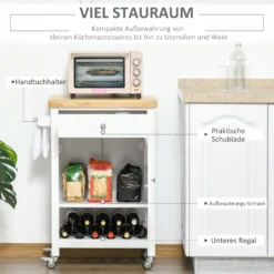 HOMCOM Küchenwagen Küchenrollwagen Servierwagen Mit Einer Schublade Geschlossenen Schrank Regalboden Und Handtuchhalter 4 Lenkrollen MDF Gummiholz Weiß+Eiche 63,5 X 40 X 90 Cm -Küchenwaren Geschäft a634cf059af3111eebd2b41106b949d2