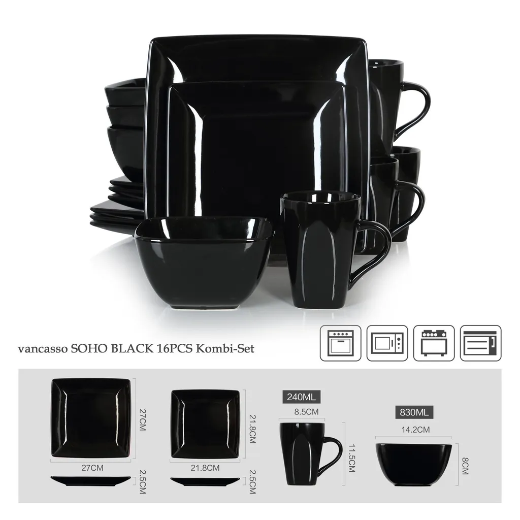 Vancasso Tafelservice »SOHO« 16-tlg. Porzellan Teller Set, Kombiservice Tafelset Mit Kaffeetassen, Müslischalen, Schwarz 4 Vancasso Tafelservice »SOHO« 16-tlg. Porzellan Teller Set, Kombiservice Tafelset Mit Kaffeetassen, Müslischalen, Schwarz – Bild 2