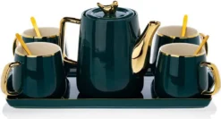 HowHomely Kaffeeservice Keramik 4 Personen - Teeservice 10-tlg. - Grün-Gold