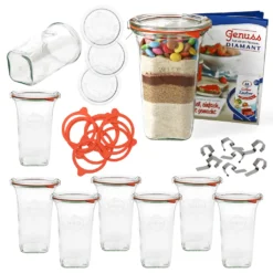 9er Set WECK Quentin Glas 795ml + 9x Einmach-Zubehör + Rezeptheft I Sturz-Form