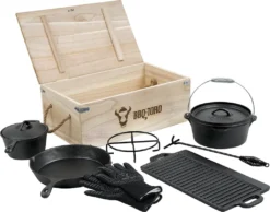 BBQ-Toro 8-teiliges Dutch Oven Set In Holzkiste | Gusseisen, Bereits Eingebrannt