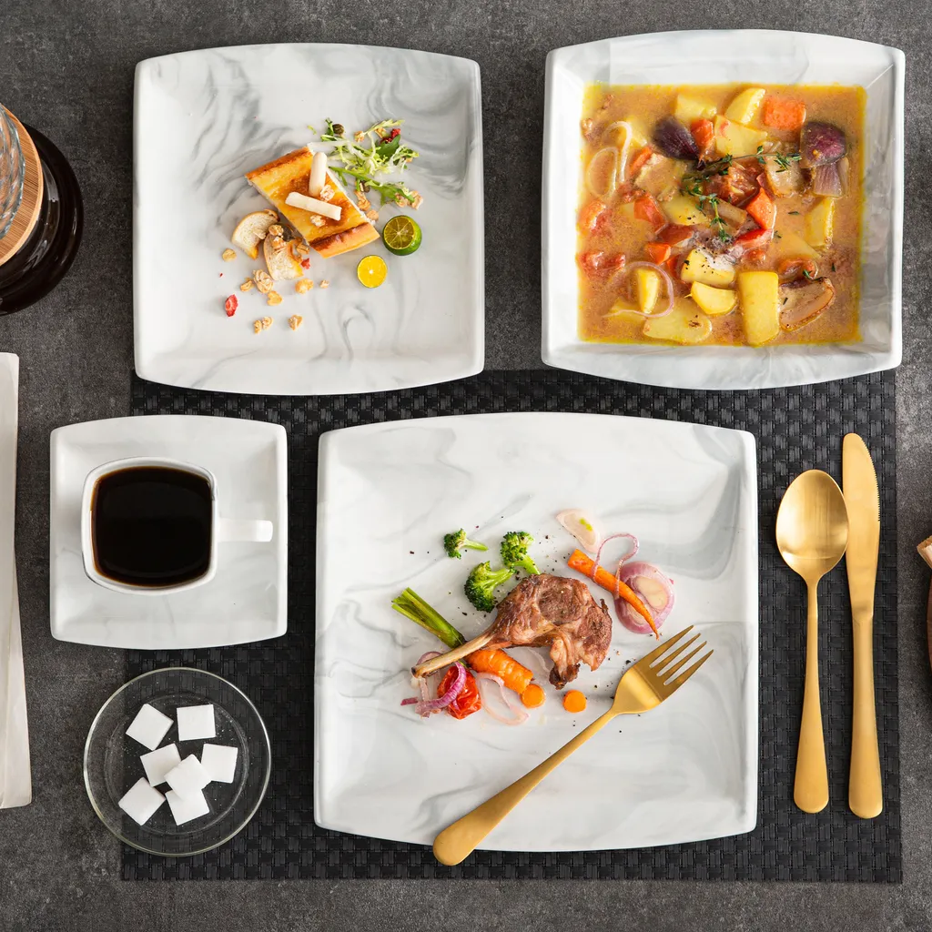 MALACASA, Serie Blance, Kombiservice 30 Tlg. Marmor Porzellan Geschirrset Eckig Tafelservice Mit 180 Ml Kaffeetassen, Untertassen, Dessertteller, Tiefteller Und Flachteller 9 MALACASA, Serie Blance, Kombiservice 30 Tlg. Marmor Porzellan Geschirrset Eckig Tafelservice Mit 180 Ml Kaffeetassen, Untertassen, Dessertteller, Tiefteller Und Flachteller – Bild 7