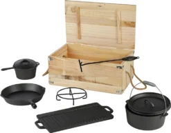 Mucola Dutch Oven 7-teilig Camping Kochgeschir Gulaschkanone Gusseisen Grill Pfanne