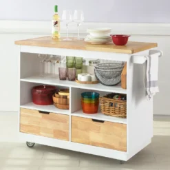 SoBuy FKW107-WN Design Küchenwagen Mit Arbeitsplatte Kücheninsel Küchenschrank Rollwagen Sideboard Auf Rollen Weiß-Natur BHT Ca.: 110x91x55cm