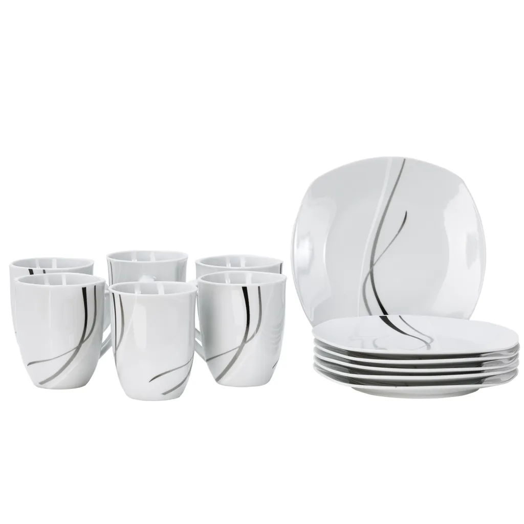 Van Well Frühstücksservice Silver Night, 12tlg 6 Personen, 6 Kaffeebecher + 6 Teller, Linien-Dekor 4 Van Well Frühstücksservice Silver Night, 12tlg 6 Personen, 6 Kaffeebecher + 6 Teller, Linien-Dekor – Bild 2